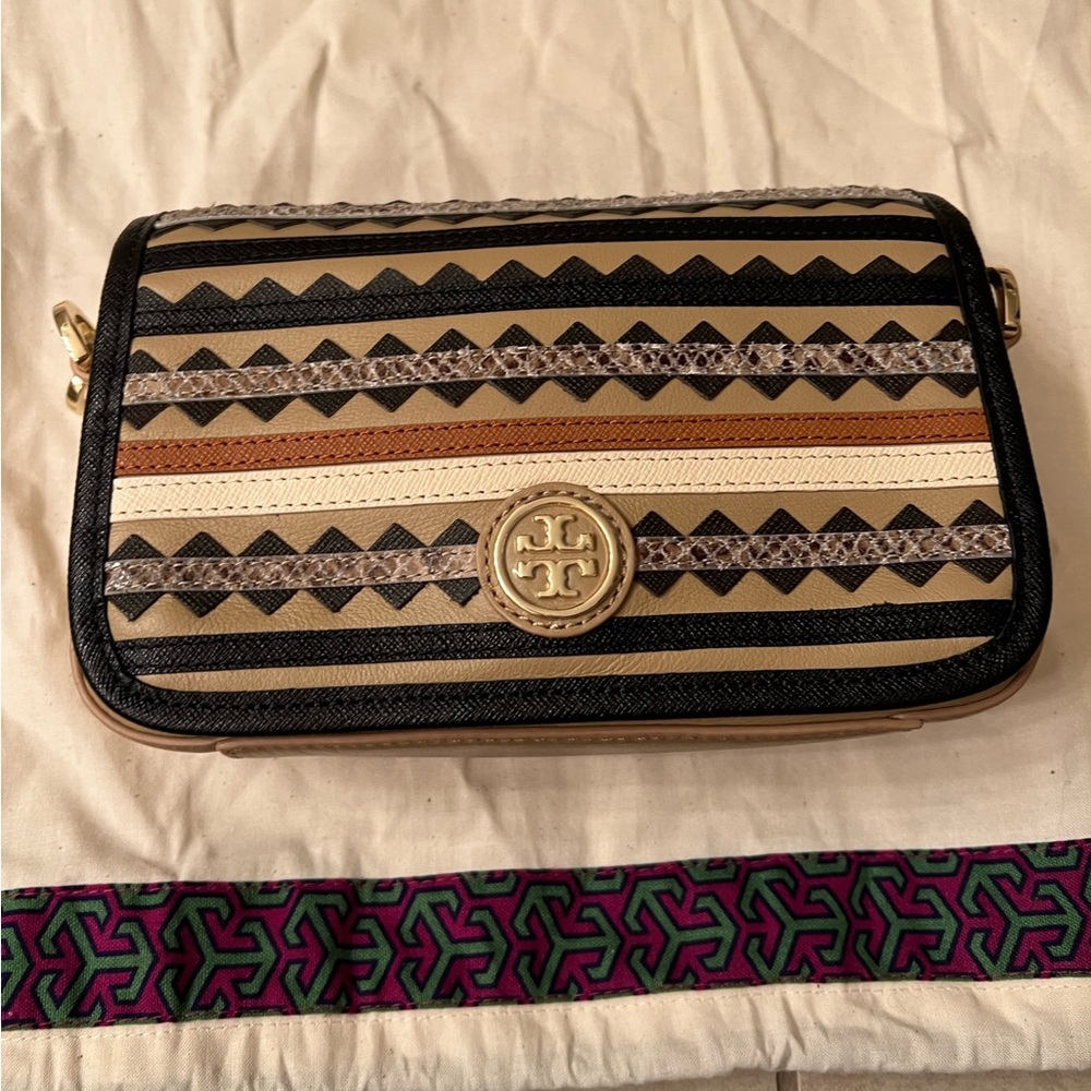 Tory Burch Black, Cream and Tan Striped Crossbody Bag